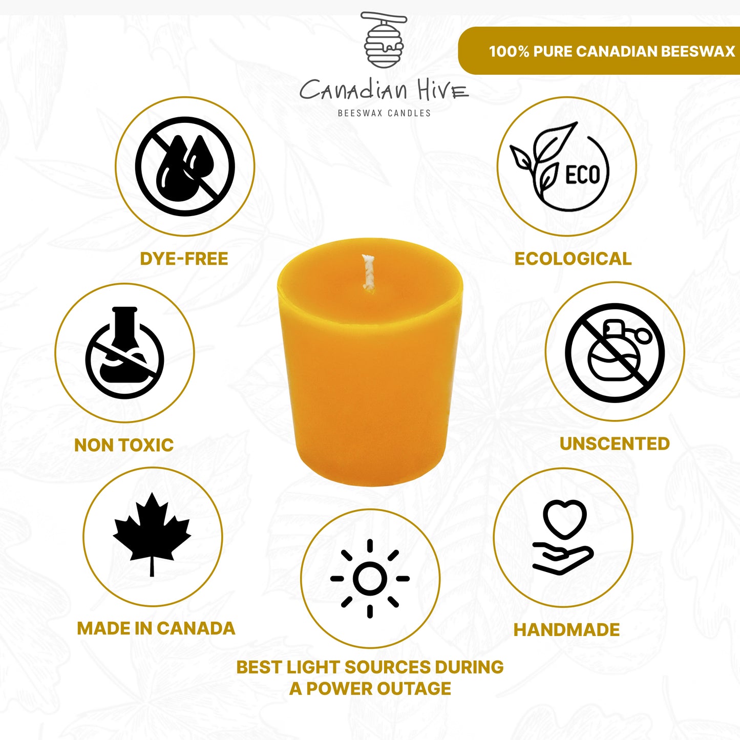 Pure Canadian Beeswax Votives Candles - 6 Pack - Cotton Wicks - Canadian Hive - Meditation and Home Decor, Organic, No-Drip, Smoke-Less, Dye-Free