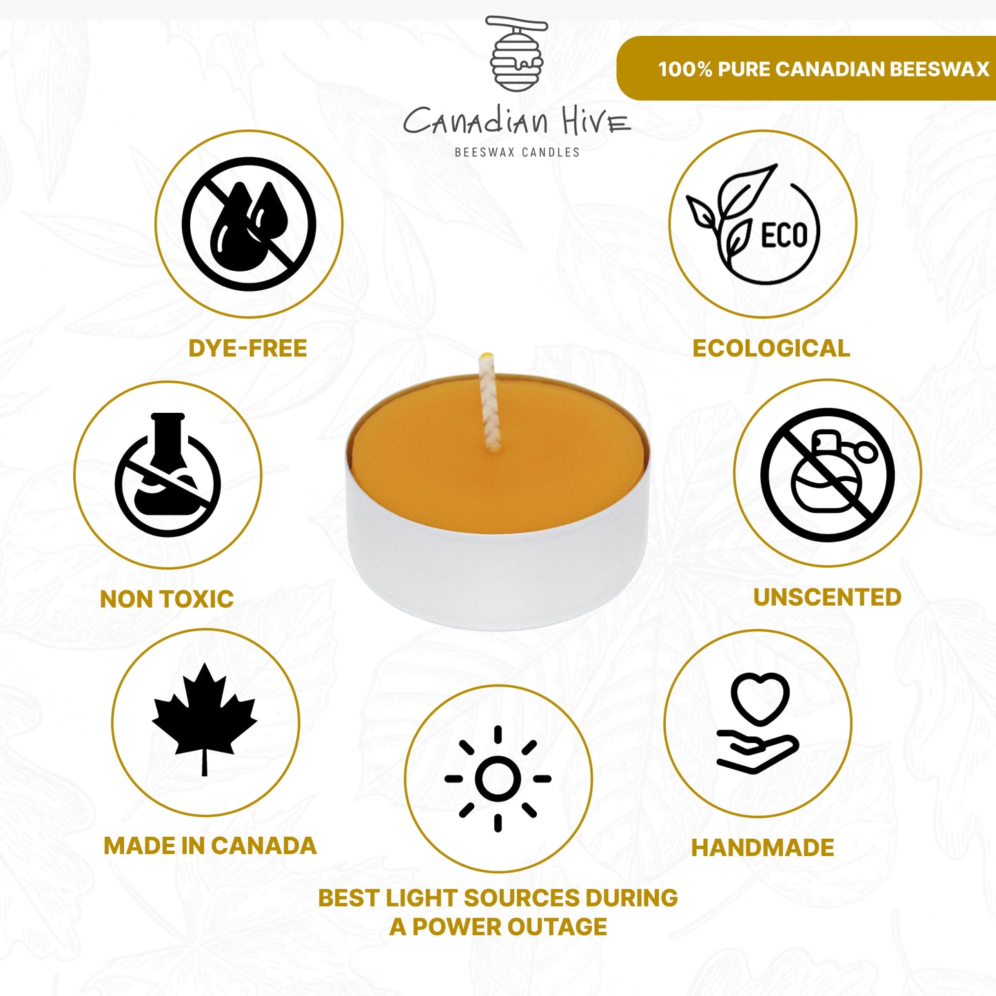 Pure Canadian Beeswax Tealight Candles - 10 Pack - Cotton Wicks - 4-Hour Burning Time Votive Candles Crafted by Recycled Metal Cup