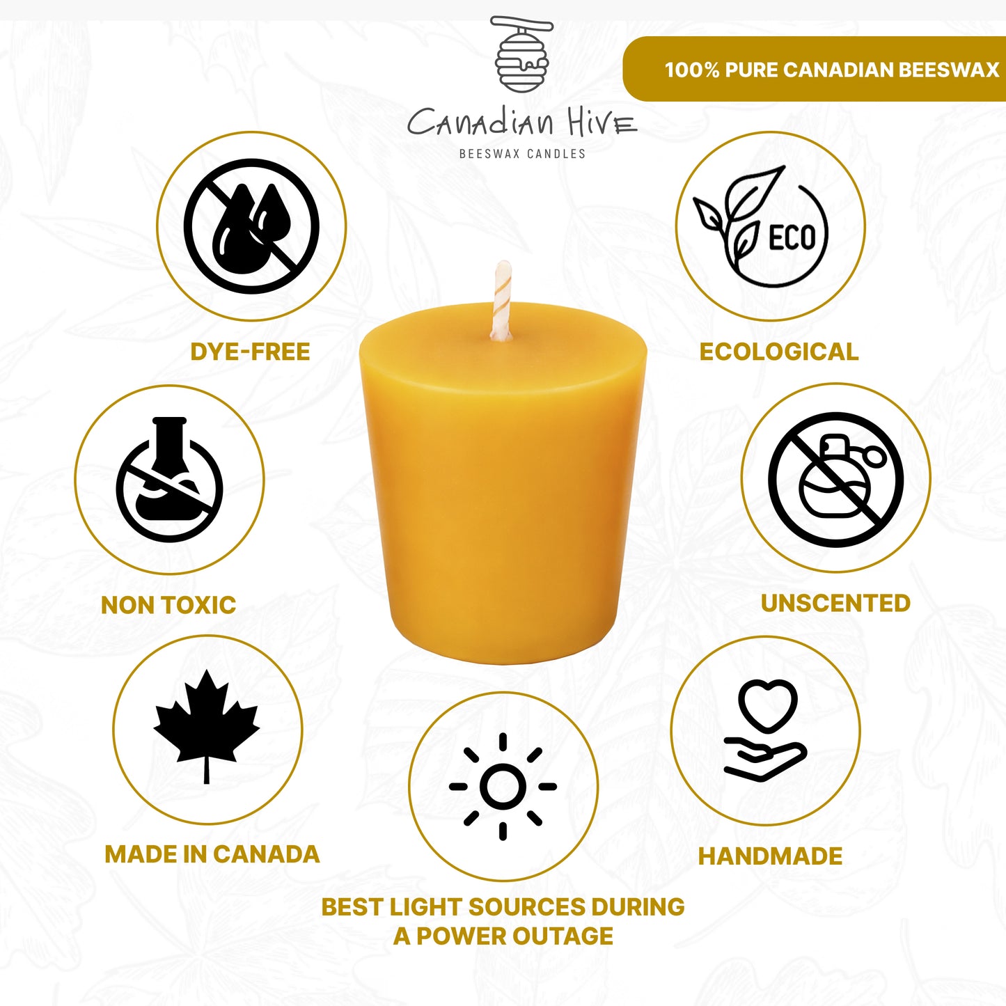 Pure Canadian Beeswax Votives Candles - Cotton Wicks - Canadian Hive - Meditation and Home Decor, No-Drip, Smoke-Less, Dye-Free